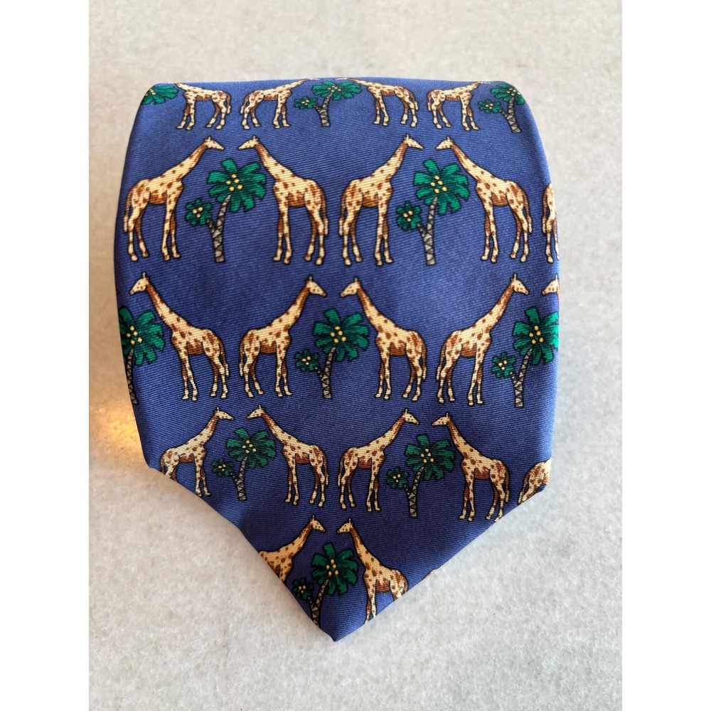 Funky silk tie with giraffes. ‎ Gold giraffes on royal blue with green accents
